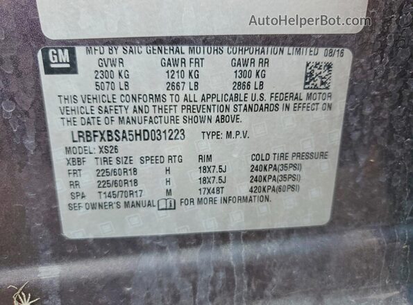 LRBFXBSA5HD031223 2017 BUICK ENVISION Purple Вид наклейки з VIN-кодом