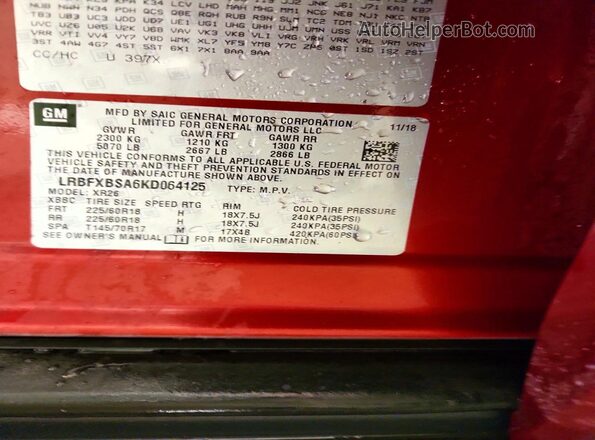 LRBFXBSA6KD064125 2019 BUICK ENVISION Красный Вид подкапотного пространства