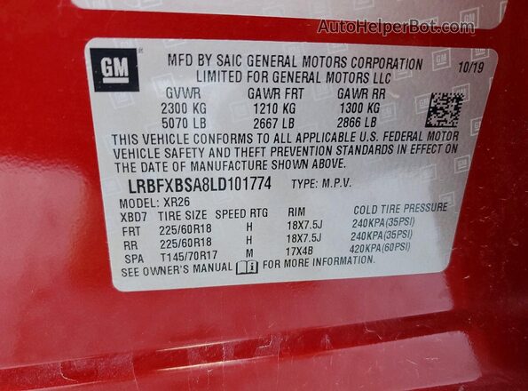 LRBFXBSA8LD101774 2020 BUICK ENVISION Red Vista de la etiqueta del VIN