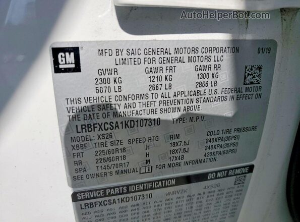 LRBFXCSA1KD107310 2019 BUICK ENVISION Белый Вид наклейки с VIN-кодом