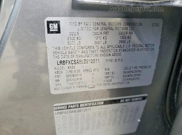 LRBFXCSA8LD212511 2020 BUICK ENVISION Gray Vista interior de 360 grados