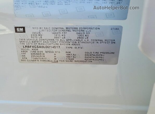 LRBFXCSA8LD214517 2020 BUICK ENVISION White Вид наклейки з VIN-кодом