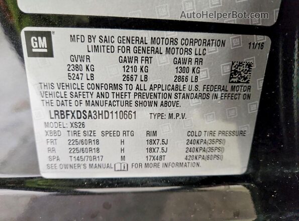 LRBFXDSA3HD110661 2017 BUICK ENVISION Black Вид наклейки з VIN-кодом