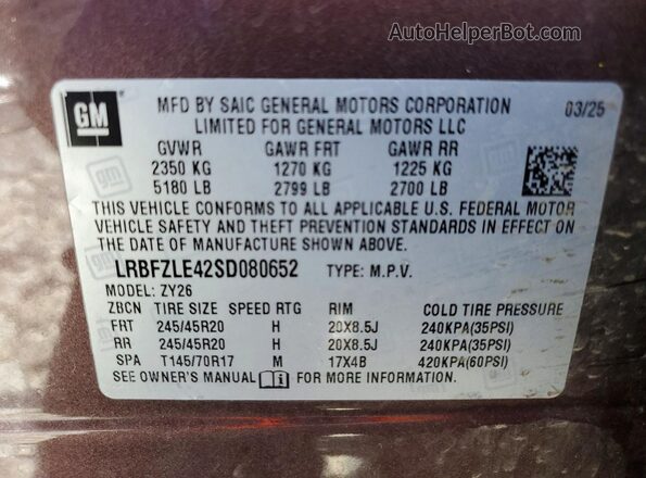 LRBFZLE42SD080652 2025 BUICK ENVISION Purple Вид наклейки з VIN-кодом