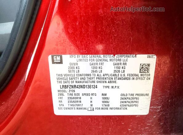 LRBFZNR43ND136124 2022 BUICK ENVISION Burgundy Vista de la etiqueta del VIN