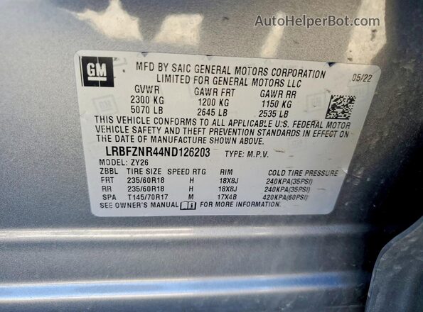 LRBFZNR44ND126203 2022 BUICK ENVISION Gray Vista de la etiqueta del VIN