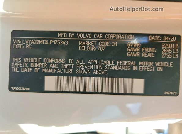 LVYA22MTXLP175343 2020 VOLVO S90 White Engine compartment view
