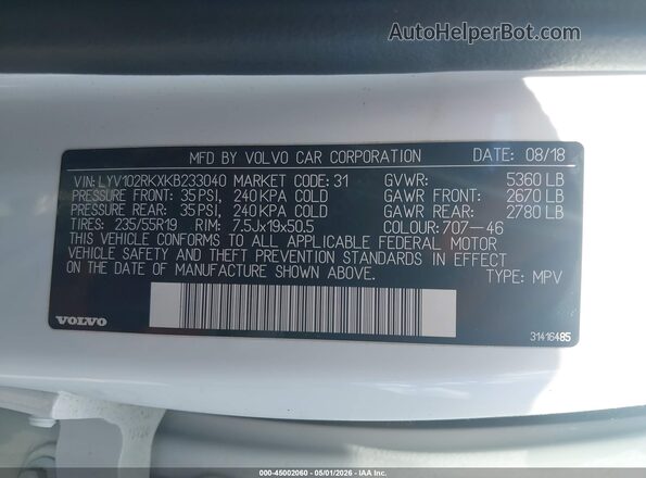 LYV102RKXKB233040 2019 VOLVO XC60 White Widok komory silnika