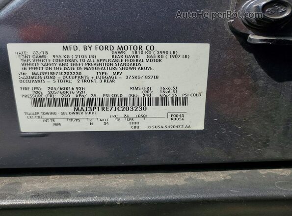 MAJ3P1RE7JC203230 2018 FORD ECOSPORT Gray VIN կոդի պիտակի տեսք