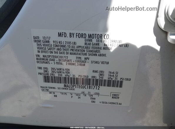 MAJ3P1TE0JC181712 2018 FORD ECOSPORT White Вид підкапотного простору