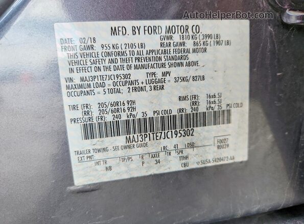 MAJ3P1TE7JC195302 2018 FORD ECOSPORT Gray Vista de la etiqueta del VIN