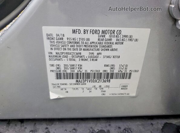 MAJ3P1VE0JC213698 2018 FORD ECOSPORT Silver Vista interior de 360 grados