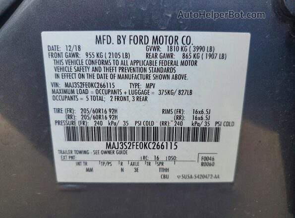 MAJ3S2FE0KC266115 2019 FORD ECOSPORT Угольный Панорамный вид салона 360°