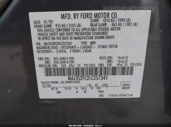 MAJ3S2FE2LC357341 2020 FORD ECOSPORT Gray ძრავის განყოფილების ხედი
