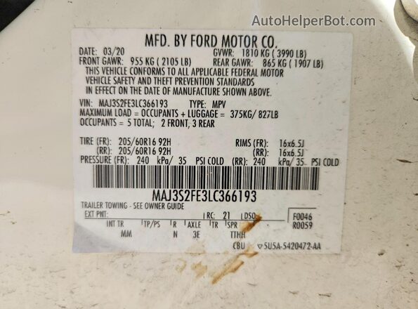 MAJ3S2FE3LC366193 2020 FORD ECOSPORT White Вид наклейки з VIN-кодом