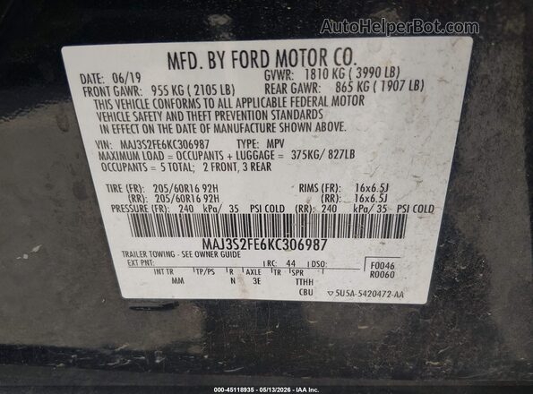 MAJ3S2FE6KC306987 2019 FORD ECOSPORT Черный Вид подкапотного пространства
