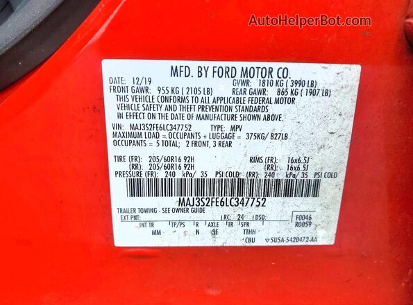 MAJ3S2FE6LC347752 2020 FORD ECOSPORT Red Widok naklejki z numerem VIN
