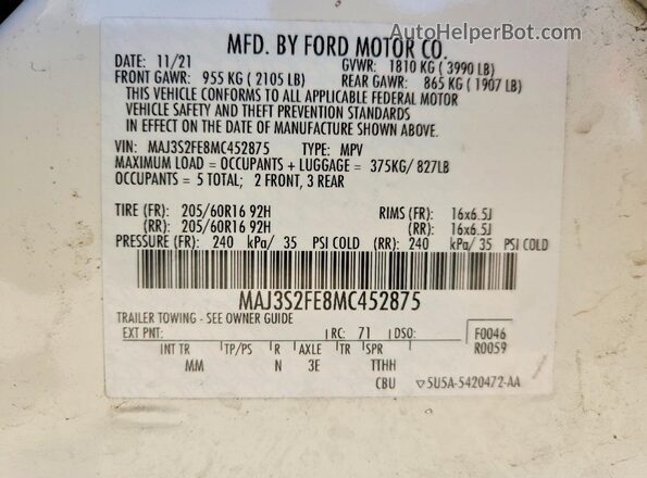 MAJ3S2FE8MC452875 2021 FORD ECOSPORT White სალონის 360-გრადუსიანი ხედი