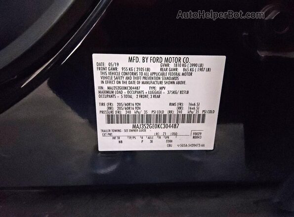 MAJ3S2GE0KC304487 2019 FORD ECOSPORT Black Vista de la etiqueta del VIN