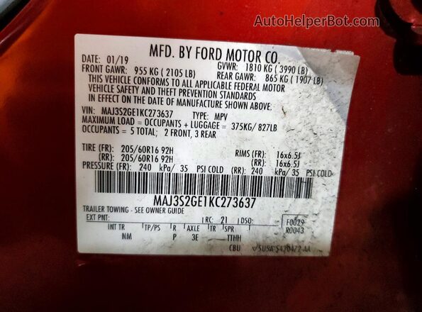 MAJ3S2GE1KC273637 2019 FORD ECOSPORT Red Widok naklejki z numerem VIN