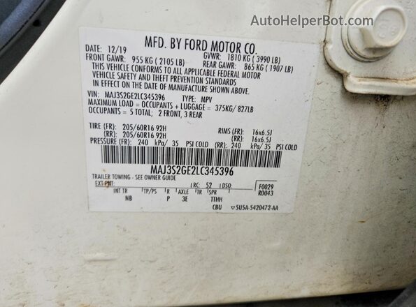 MAJ3S2GE2LC345396 2020 FORD ECOSPORT Beige Widok naklejki z numerem VIN
