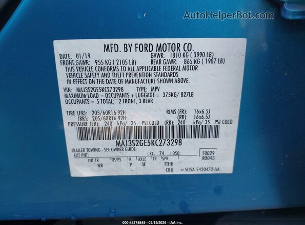 MAJ3S2GE5KC273298 2019 FORD ECOSPORT Синий Вид подкапотного пространства