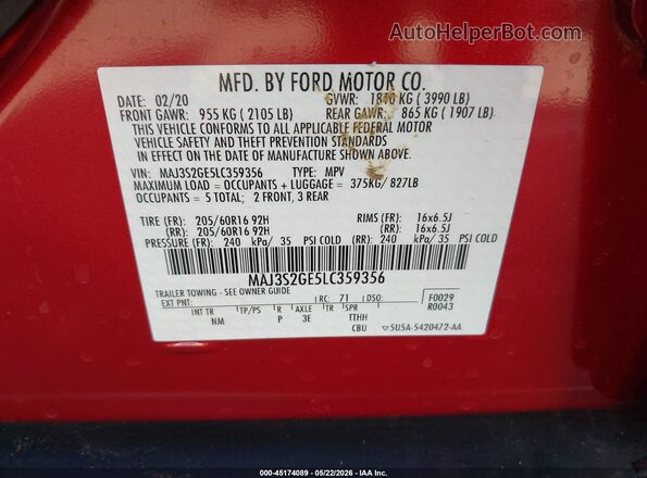 MAJ3S2GE5LC359356 2020 FORD ECOSPORT Бордовый Вид подкапотного пространства