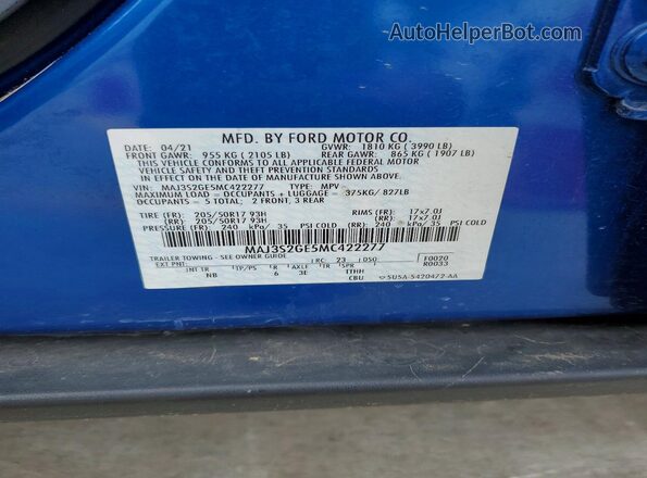 MAJ3S2GE5MC422277 2021 FORD ECOSPORT Синий Вид наклейки с VIN-кодом