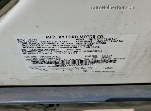 MAJ3S2GE6KC308527 2019 FORD ECOSPORT White Вид наклейки з VIN-кодом