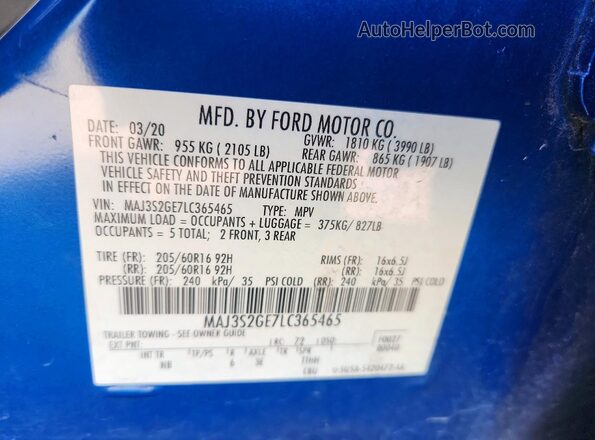 MAJ3S2GE7LC365465 2020 FORD ECOSPORT Blue VIN sticker view