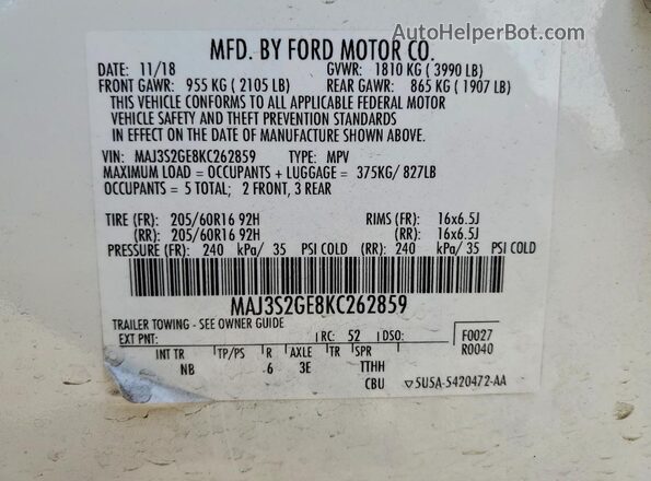 MAJ3S2GE8KC262859 2019 FORD ECOSPORT Белый Вид наклейки с VIN-кодом