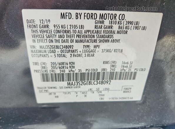 MAJ3S2GE8LC348092 2020 FORD ECOSPORT Gray Vista de la etiqueta del VIN
