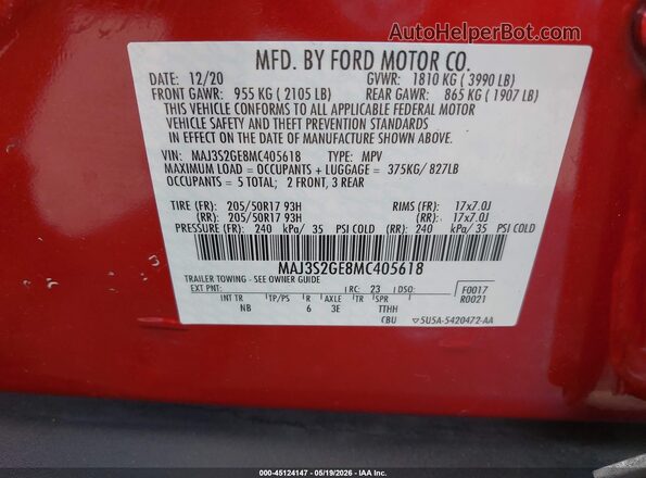 MAJ3S2GE8MC405618 2021 FORD ECOSPORT Красный Вид подкапотного пространства