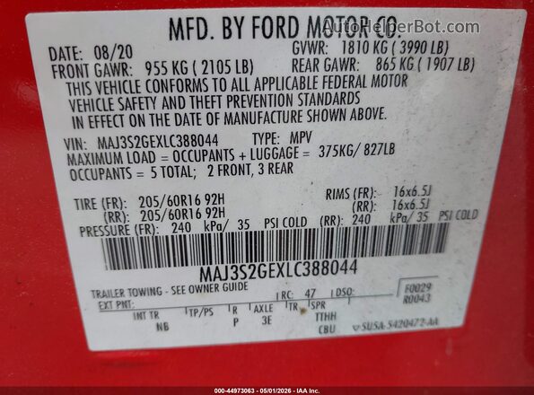 MAJ3S2GEXLC388044 2020 FORD ECOSPORT Красный Вид подкапотного пространства