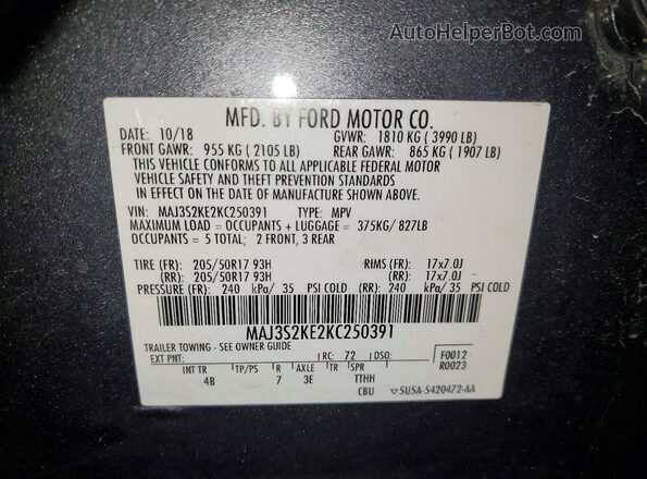 MAJ3S2KE2KC250391 2019 FORD ECOSPORT Gray Widok naklejki z numerem VIN