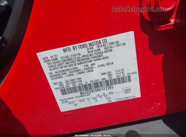 MAJ3S2KEXMC412285 2021 FORD ECOSPORT Red ძრავის განყოფილების ხედი