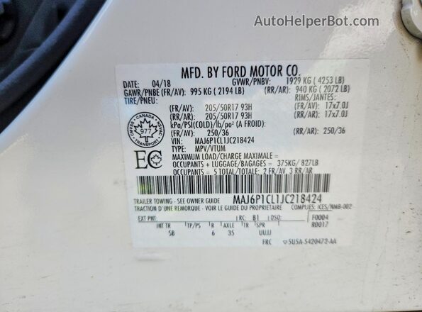 MAJ6P1CL1JC218424 2018 FORD ECOSPORT White VIN կոդի պիտակի տեսք