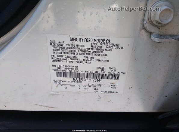 MAJ6P1CL3JC178444 2018 FORD ECOSPORT White ძრავის განყოფილების ხედი