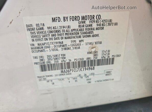 MAJ6P1CL7JC194968 2018 FORD ECOSPORT Белый Панорамный вид салона 360°