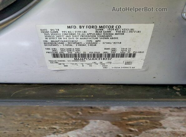 MAJ6P1SL0JC218237 2018 FORD ECOSPORT Silver Widok wnętrza 360 stopni