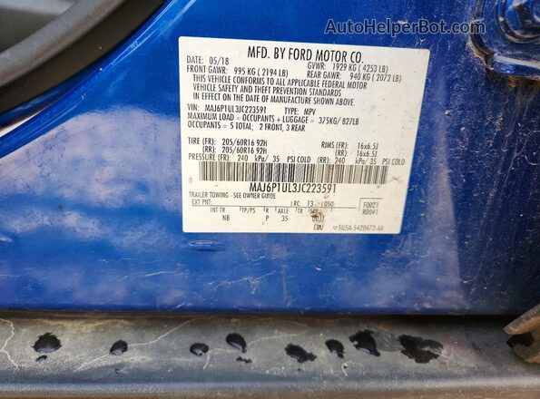 MAJ6P1UL3JC223591 2018 FORD ECOSPORT Blue ძრავის განყოფილების ხედი