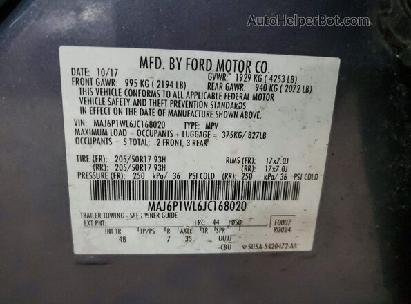 MAJ6P1WL6JC168020 2018 FORD ECOSPORT Gray VIN կոդի պիտակի տեսք