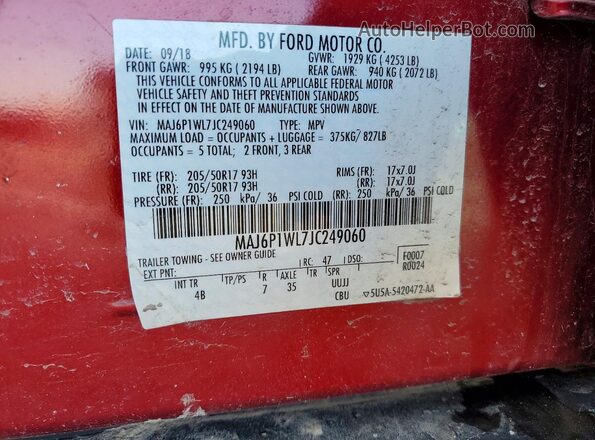 MAJ6P1WL7JC249060 2018 FORD ECOSPORT Red Widok naklejki z numerem VIN