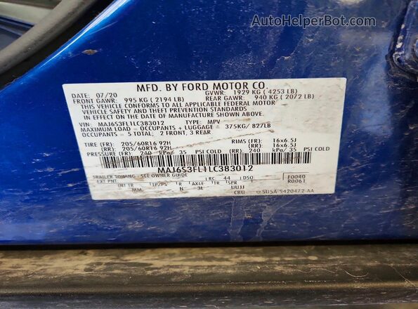 MAJ6S3FL1LC383012 2020 FORD ECOSPORT Синий Вид наклейки с VIN-кодом
