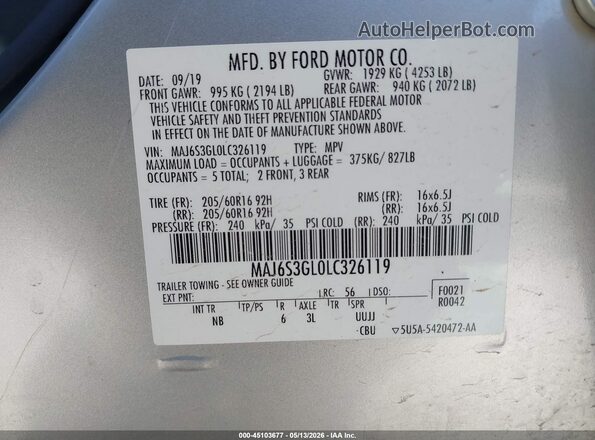 MAJ6S3GL0LC326119 2020 FORD ECOSPORT Silver ძრავის განყოფილების ხედი
