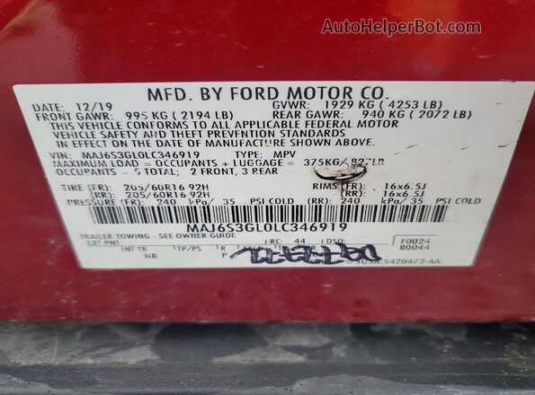 MAJ6S3GL0LC346919 2020 FORD ECOSPORT Red Vista de la etiqueta del VIN