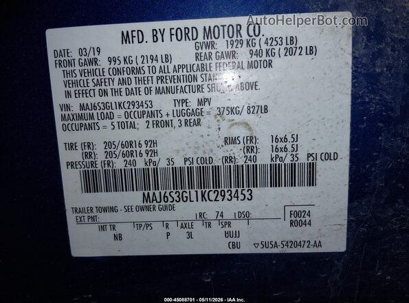 MAJ6S3GL1KC293453 2019 FORD ECOSPORT Blue Vista del compartimento del motor