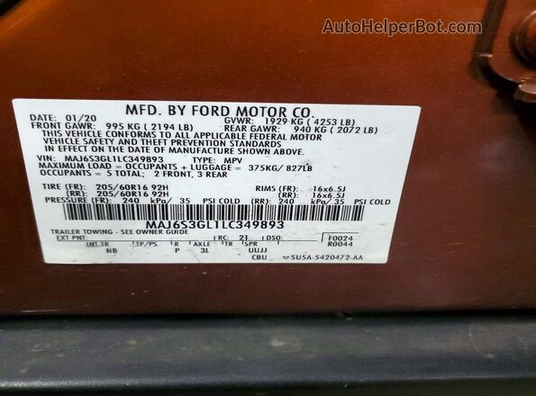 MAJ6S3GL1LC349893 2020 FORD ECOSPORT Brown Vista de la etiqueta del VIN