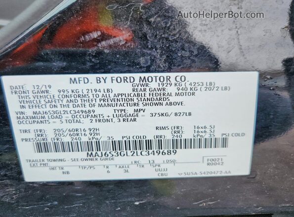MAJ6S3GL2LC349689 2020 FORD ECOSPORT Black Widok naklejki z numerem VIN