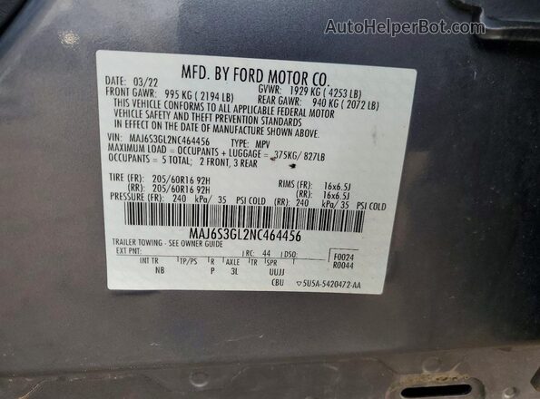 MAJ6S3GL2NC464456 2022 FORD ECOSPORT Серый Вид наклейки с VIN-кодом